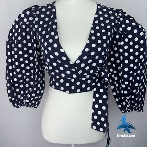 1160 NWT Choosy Polka Dot Puff Sleeve Wrap Top – S – Navy White